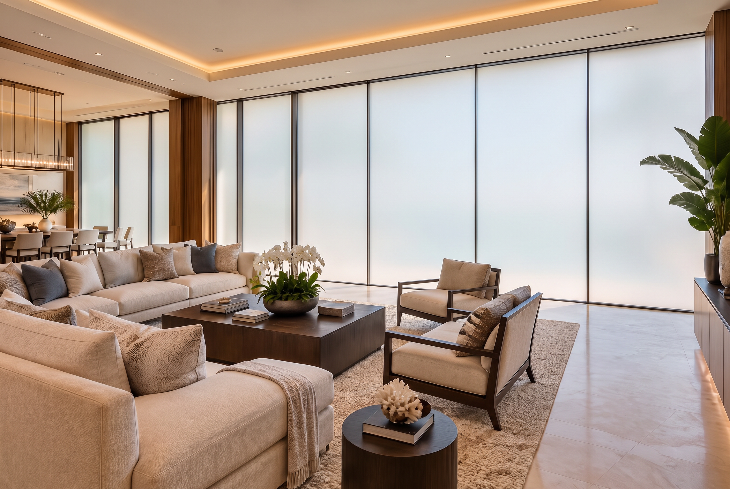 Smart glass in opaque mode — frosted for privacy